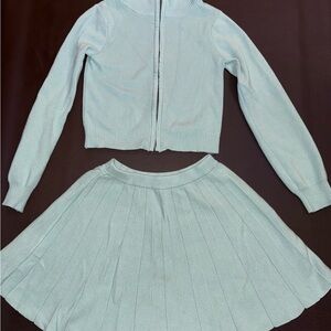 Kids Mint Green Knit Zip Cardigan & Pleated Skirt Matching Set